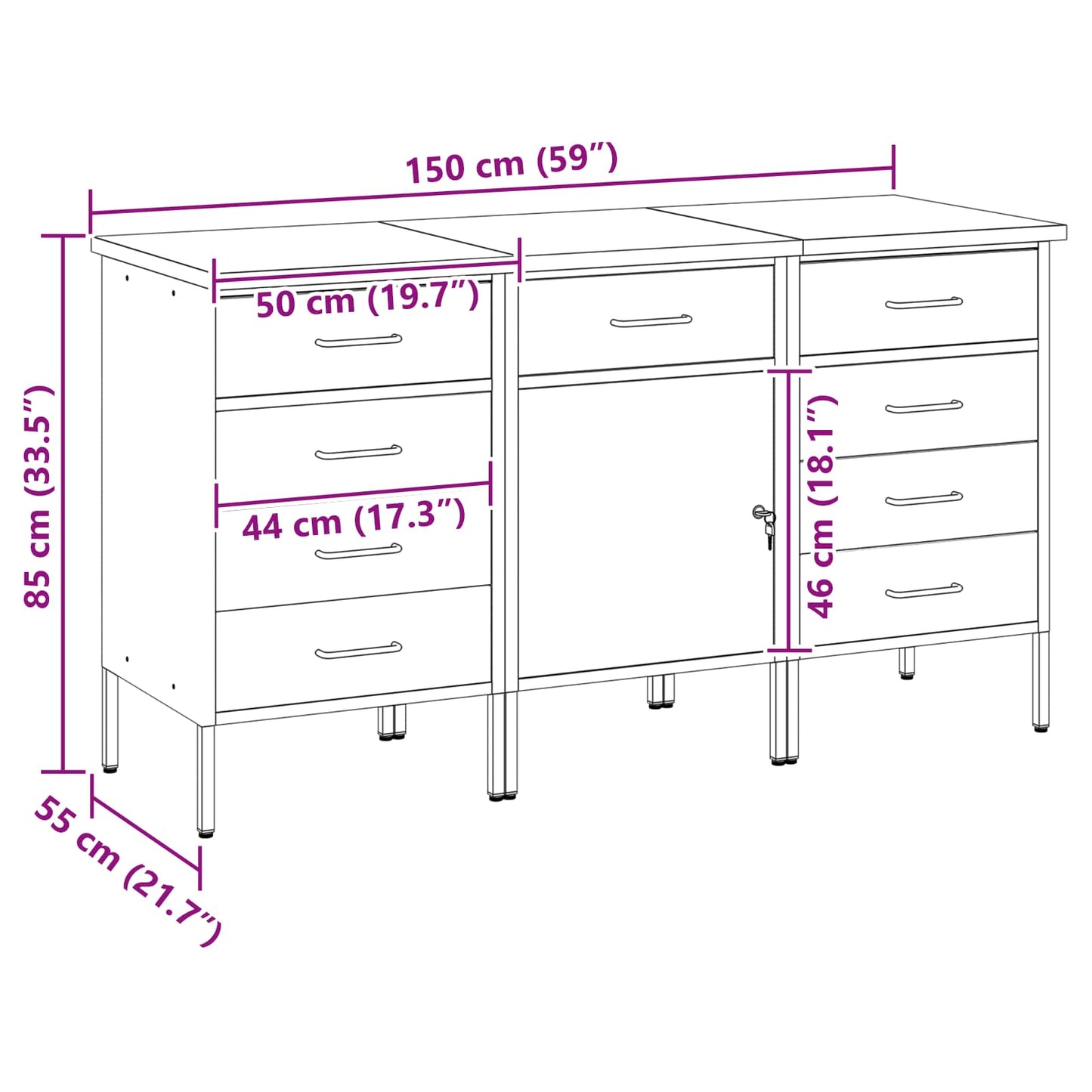 Arbeidsskap med skuff 3 pcs Svart og Grå 150 x 55 x 85 cm vidaXL