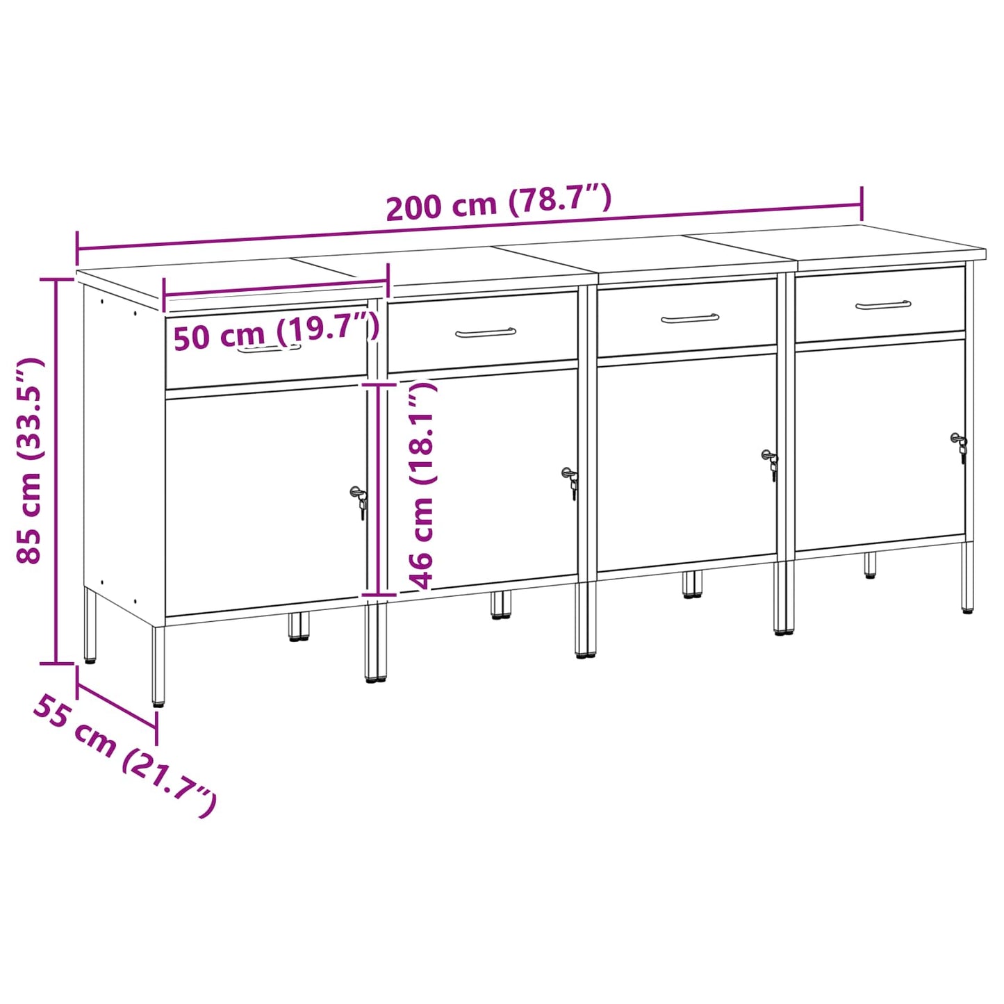 Arbeidsskap med skuff med lås 4 pcs Rød og Grå 200 x 55 x 85 cm