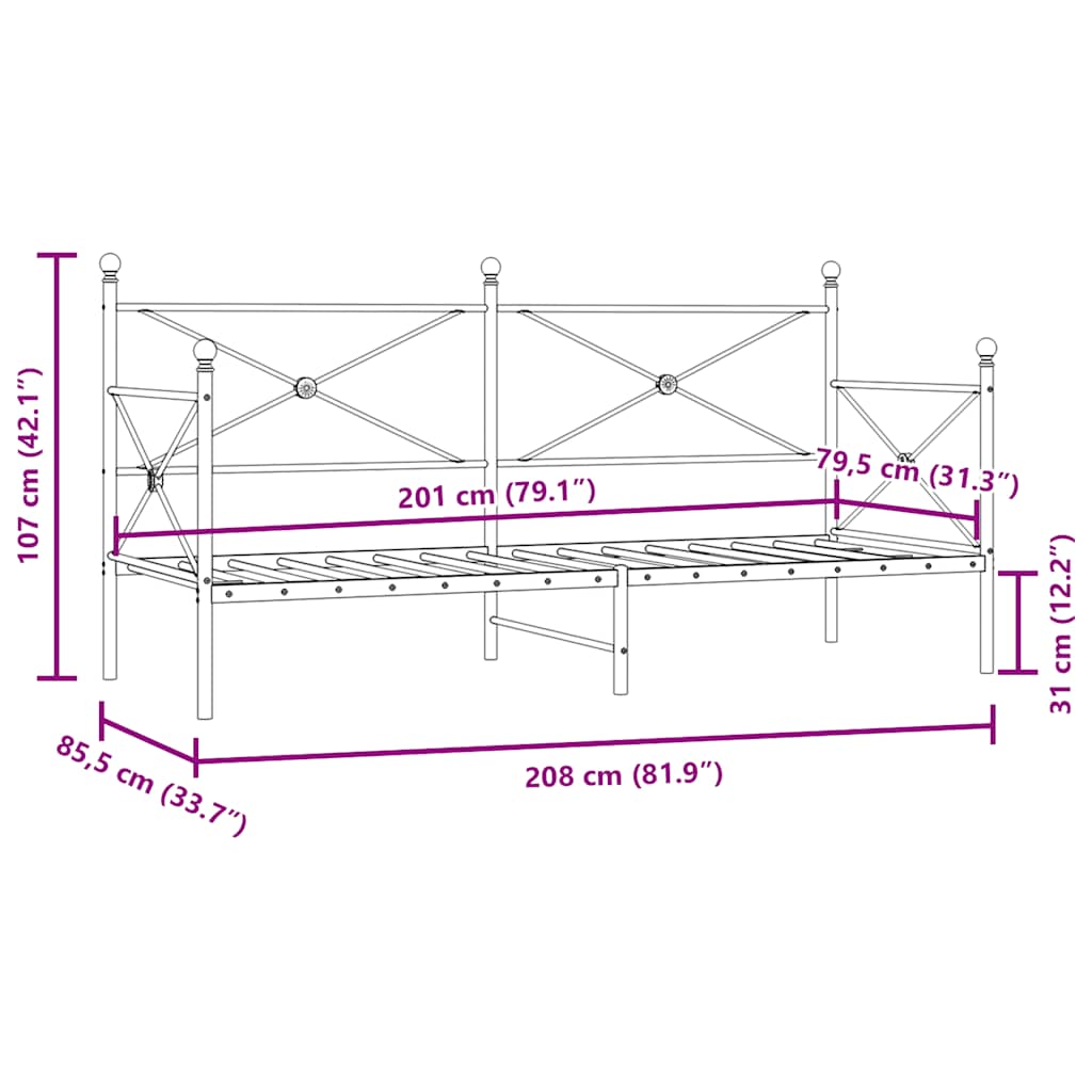 Dagseng uten madrass svart 80x200 cm stål