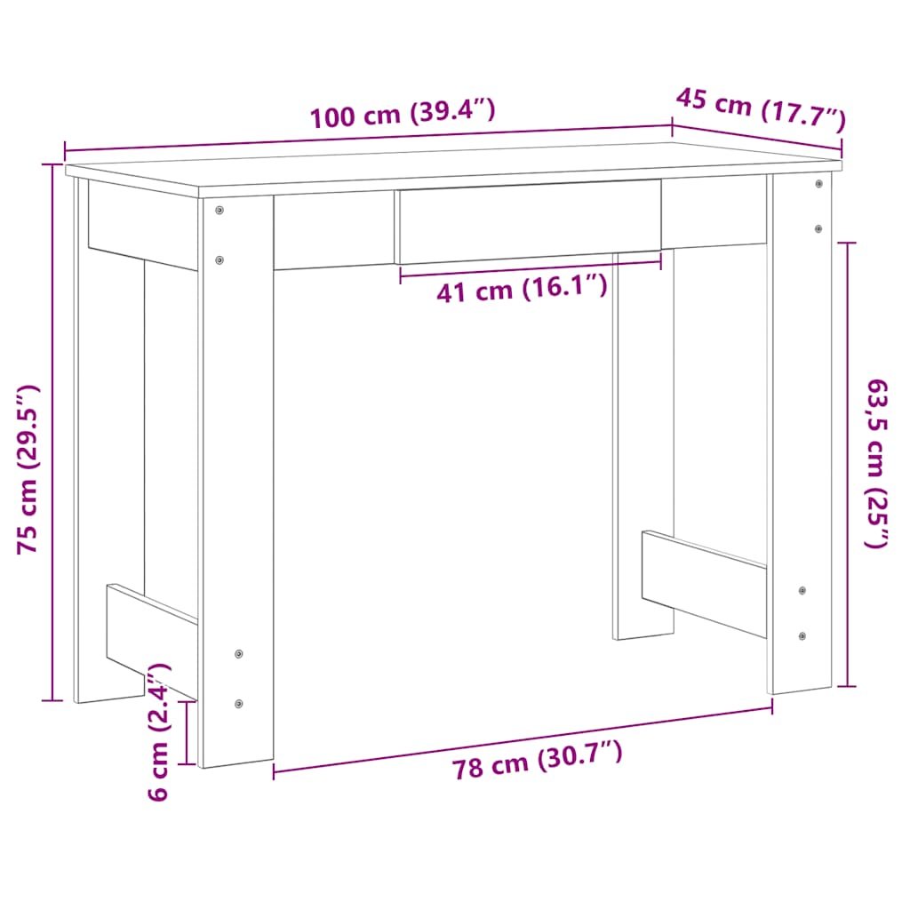 Skrivebord hvit 100x45x75 cm konstruert tre