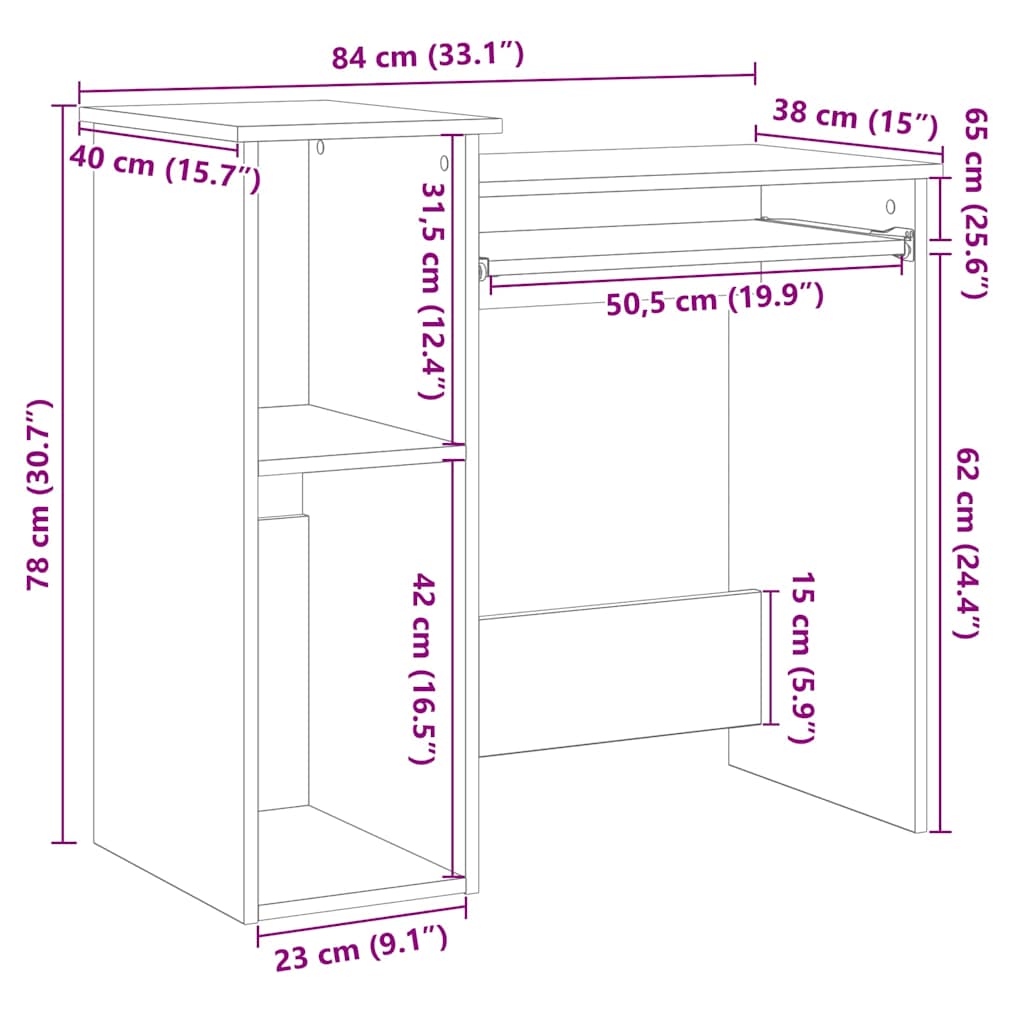 Skrivebord med hyller hvit 84x40x78 cm konstruert tre
