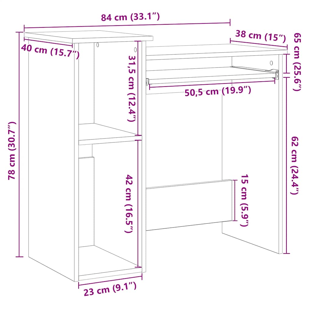 Skrivebord med hyller svart 84x40x78 cm konstruert tre