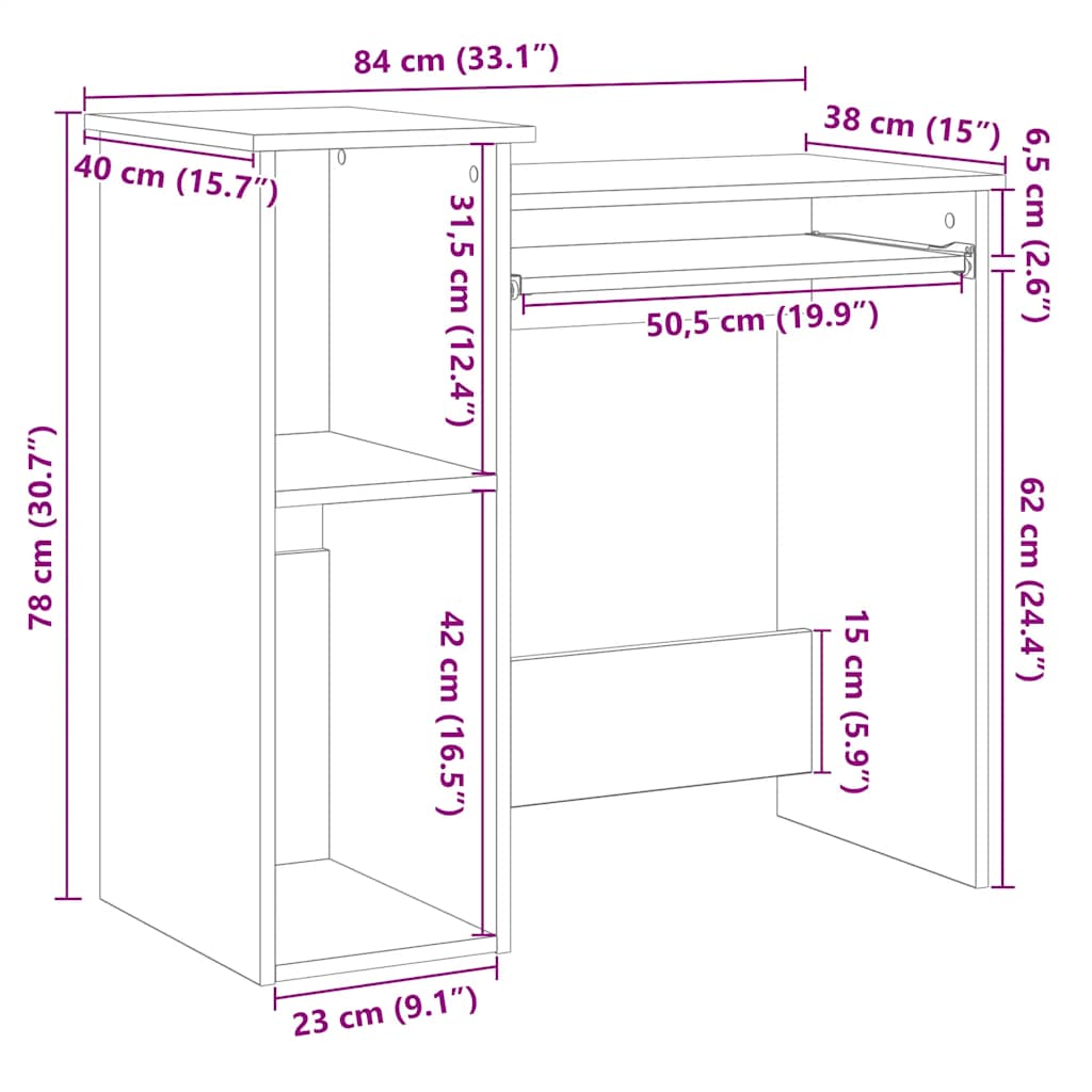 Skrivebord med hyller artisan eik 84x40x78 cm konstruert tre