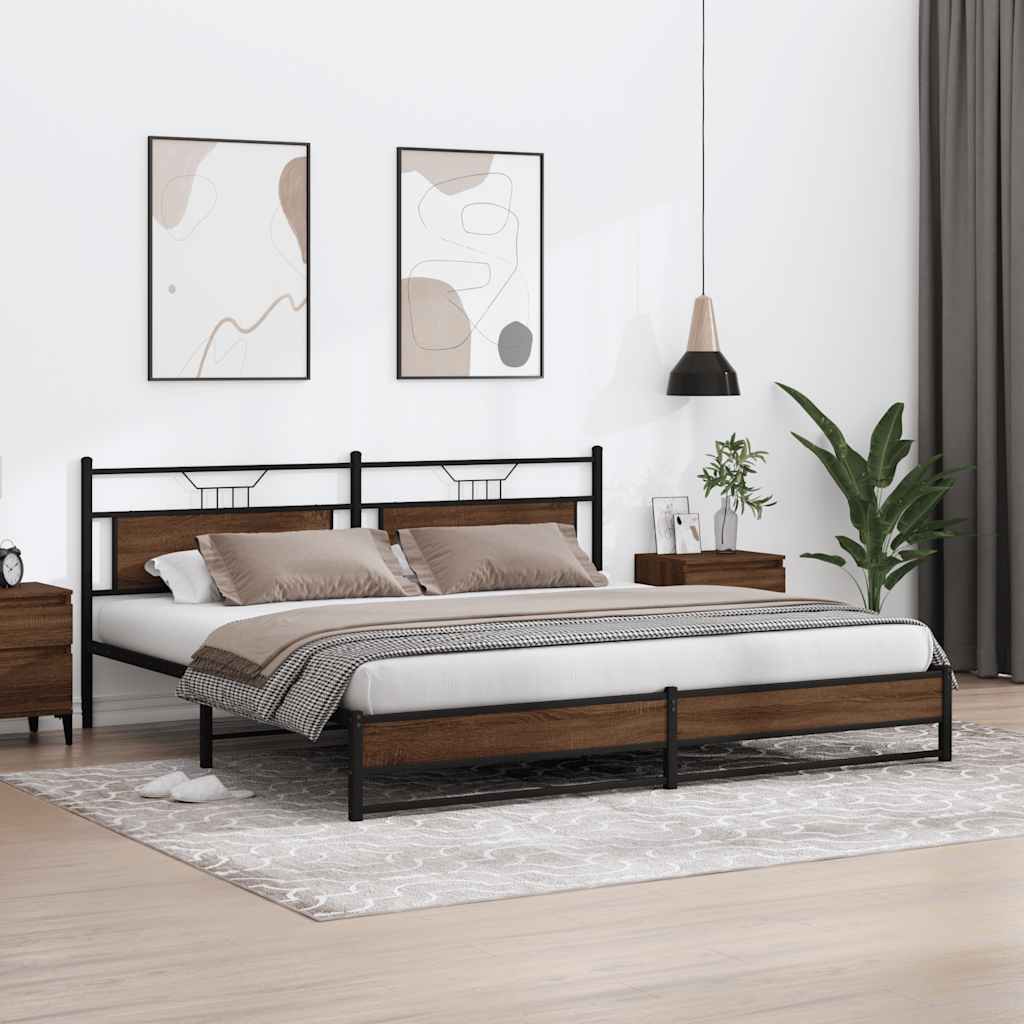 Sengeramme i metall uten madrass brun eik 193x201 cm