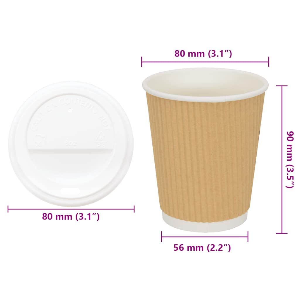 Papir kaffekopper med lokk 1000 stk 8oz 200 ml vidaXL