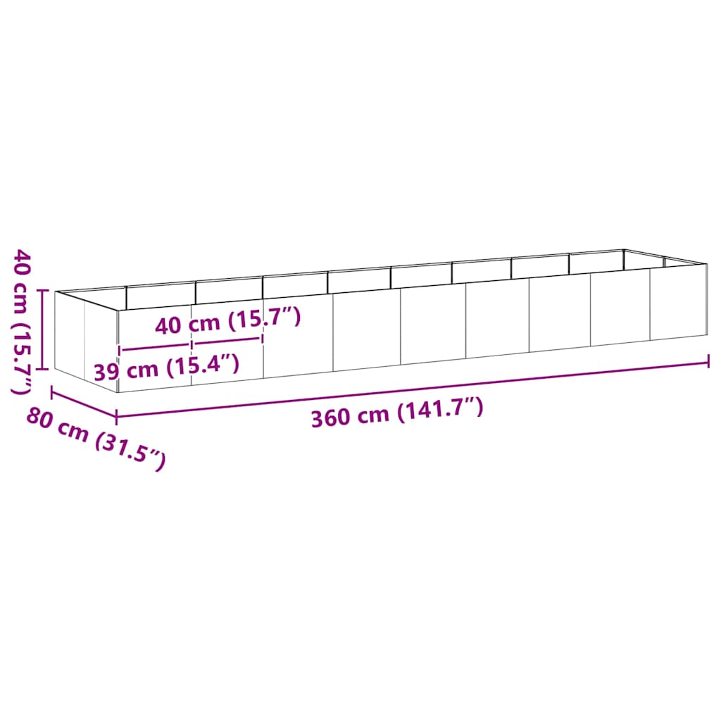 Plantekasse antrasitt 360x80x40 cm stål