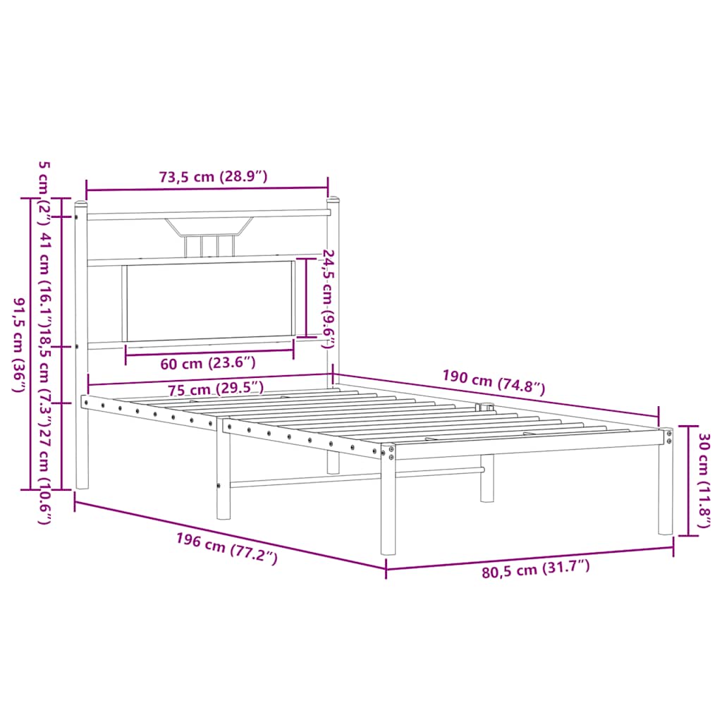 Sengeramme uten madrass brun eik 75x190 cm konstruert tre