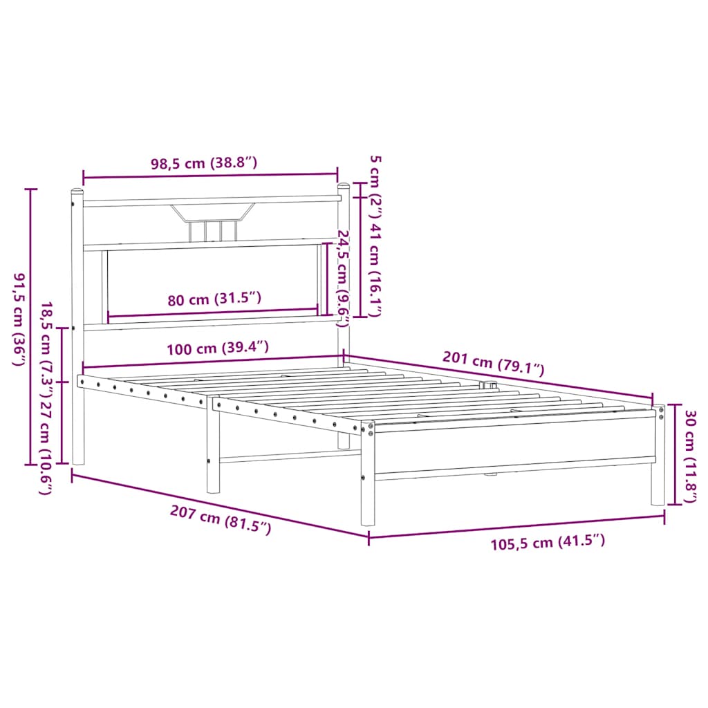 Sengeramme uten madrass røkt eik 100x200 cm konstruert tre