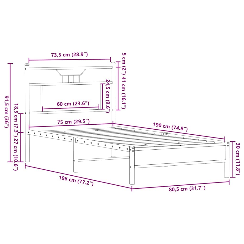 Sengeramme uten madrass sonoma eik 75x190 cm konstruert tre