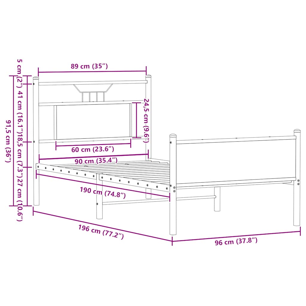 Sengeramme uten madrass sonoma eik 90x190 cm konstruert tre