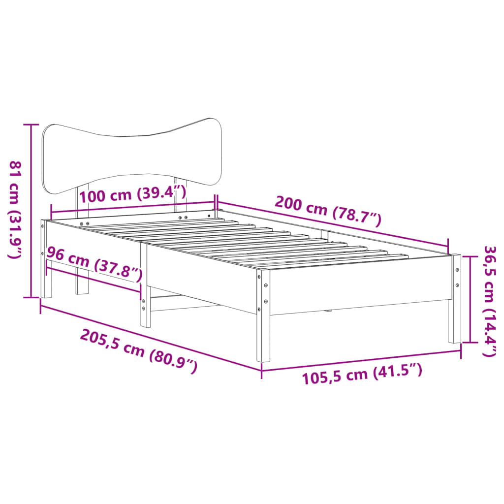 Sengeramme uten madrass voksbrun 100x200 cm heltre furu