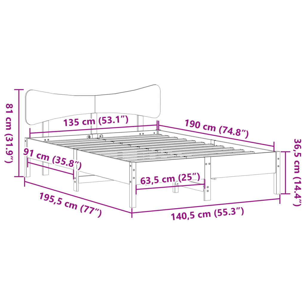 Sengeramme uten madrass hvit 135x190 cm heltre furu