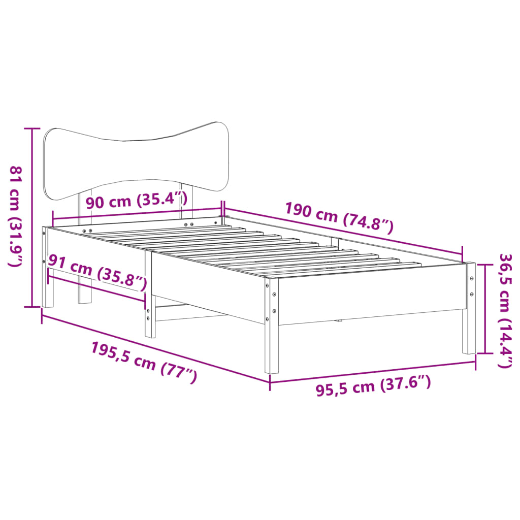 Sengeramme uten madrass voksbrun 90x190 cm heltre furu