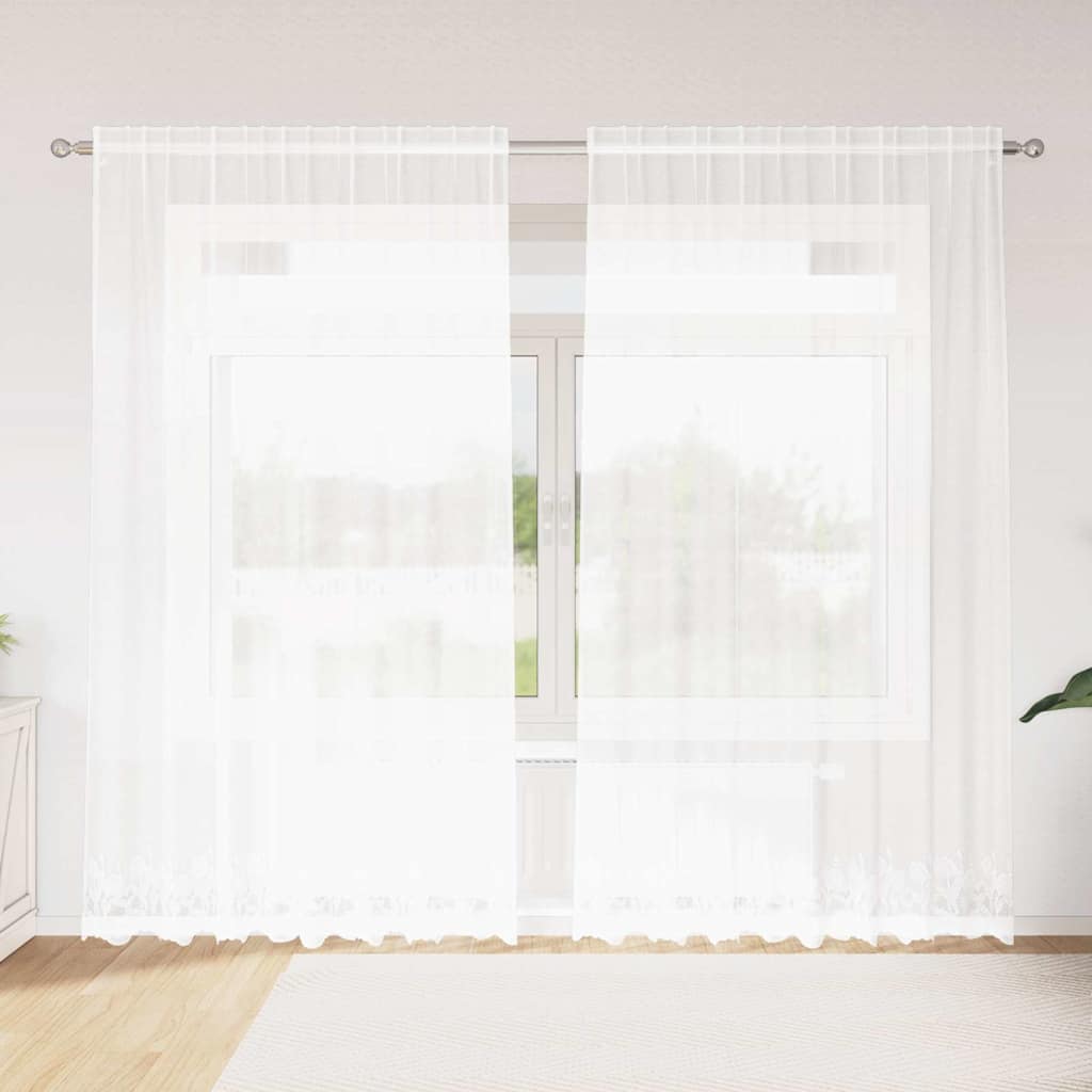 Blondegardin med gardiner Blomster Hvit 245 x 200 cm Polyester