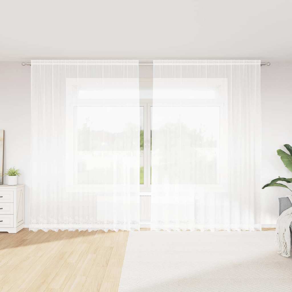 Blondegardin med gardiner Blomster Hvit 300 x 300 cm Polyester