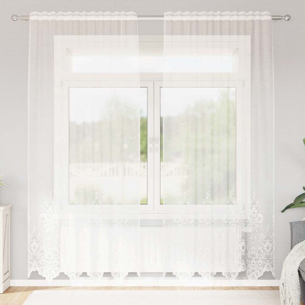 Blondegardin med gardiner Blomster Hvit 200 x 150 cm Polyester
