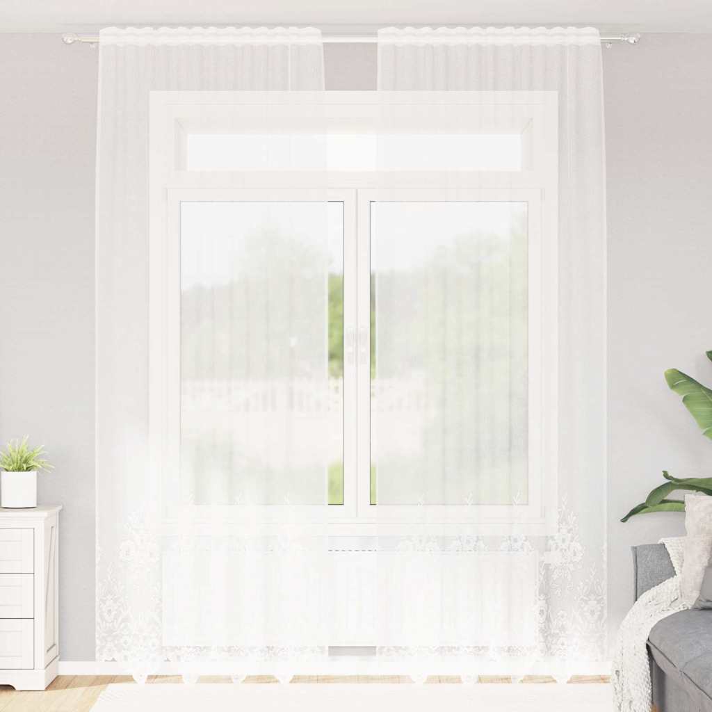 Blondegardin med gardiner Blomster Hvit 280 x 150 cm Polyester