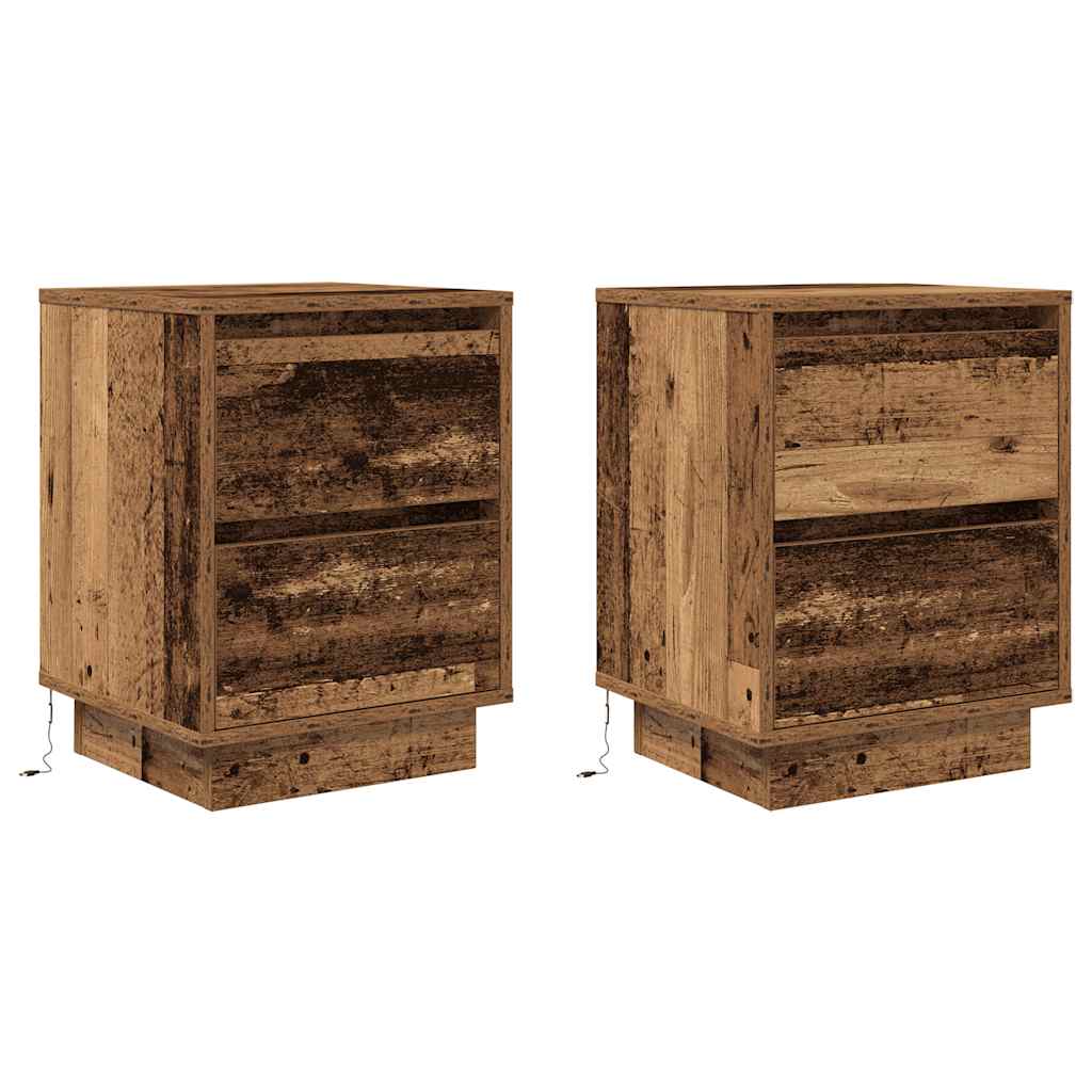 Nattskap med LED-lys 2 stk gammelt tre 38x34x50 cm
