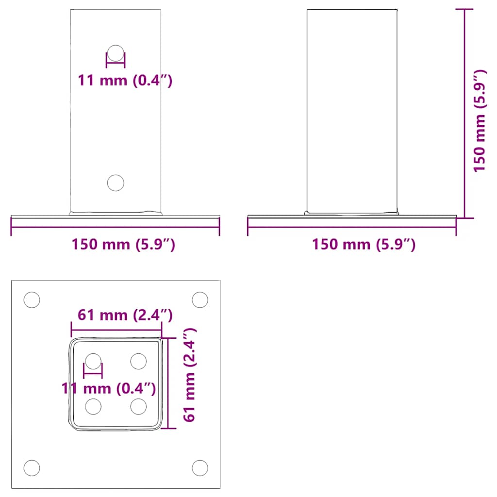 Stolpebunner firkantet 4 stk sølv 61x61 mm galvanisert stål