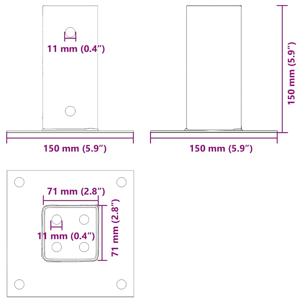 Stolpebunner firkantet 4 stk 71x71 mm pulverlakkert stål