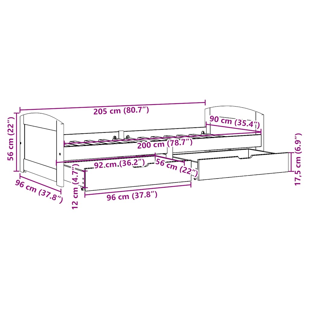 Dagseng med 2 skuffer uten madrass IRUN svart 90x200 cm