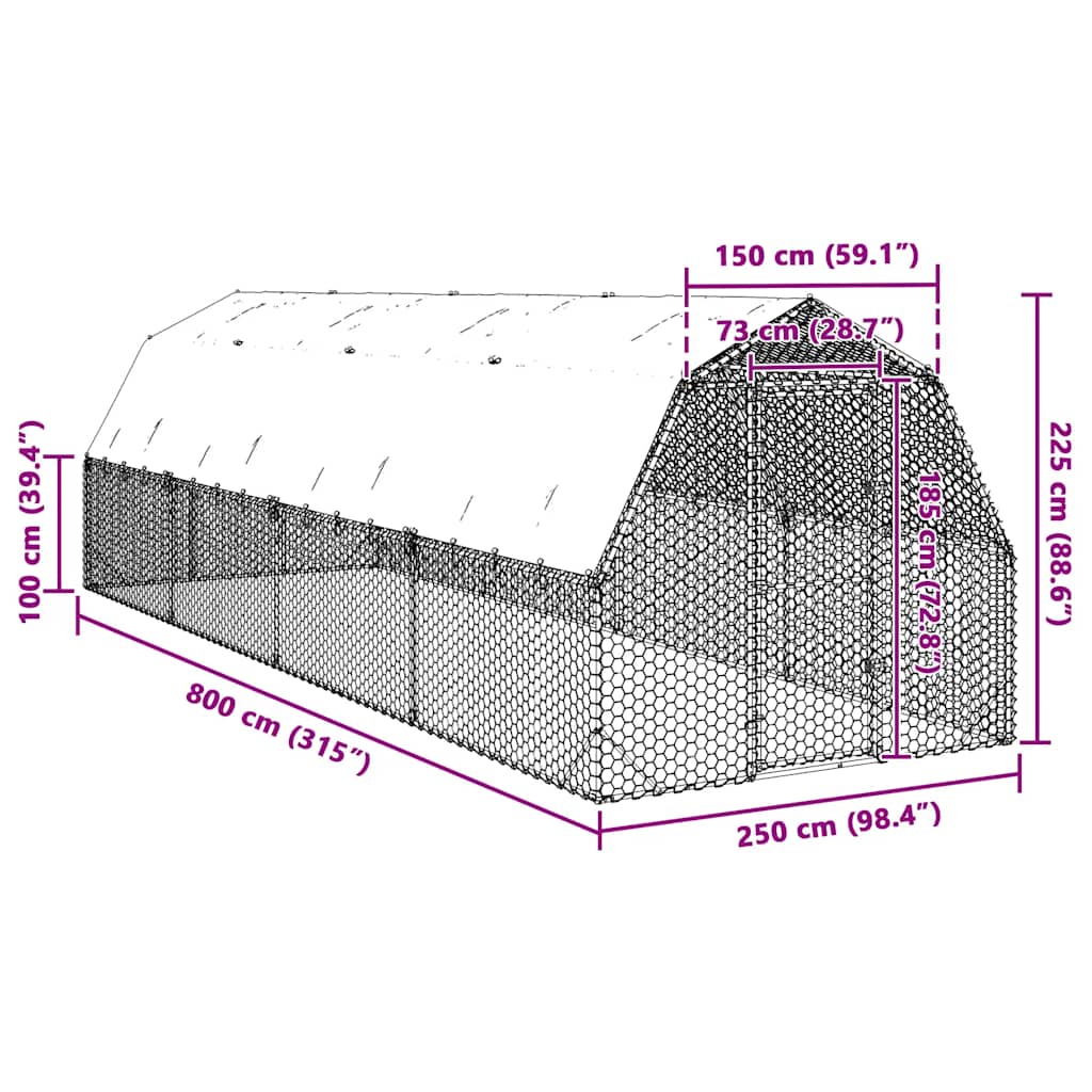 Kyllingløp med tak 2,5x8x2,25 m galvanisert stål