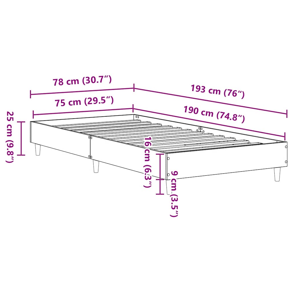 Sengeramme uten madrass betonggrå 75x190 cm konstruert tre