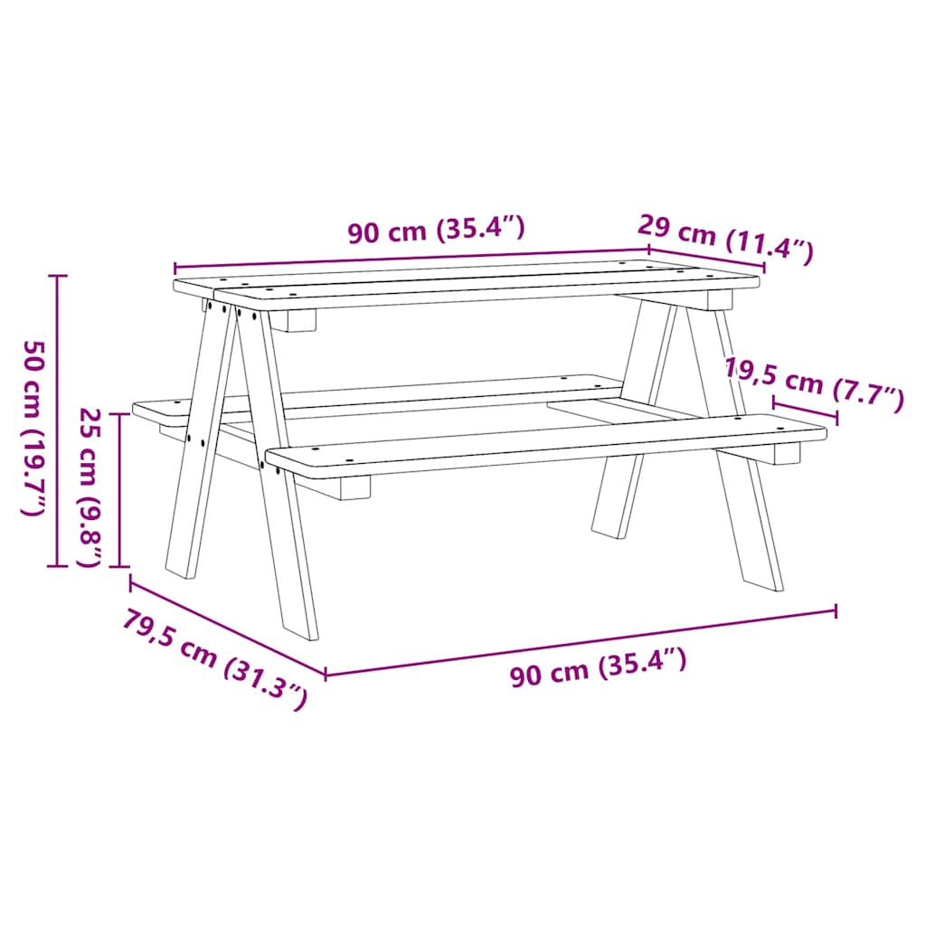 Barnebord med benker IRUN 90x79,5x50 cm massivt tre