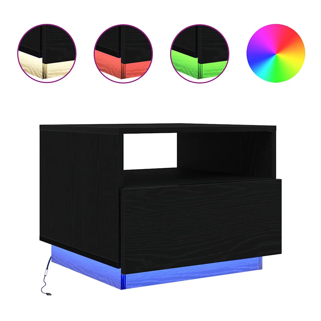 Salongbord med LED-lys svart eik 50x49x40 cm