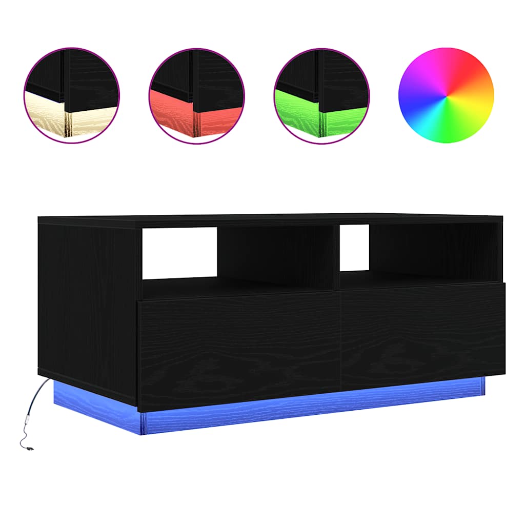 Salongbord med LED-lys svart eik 90x49x40 cm
