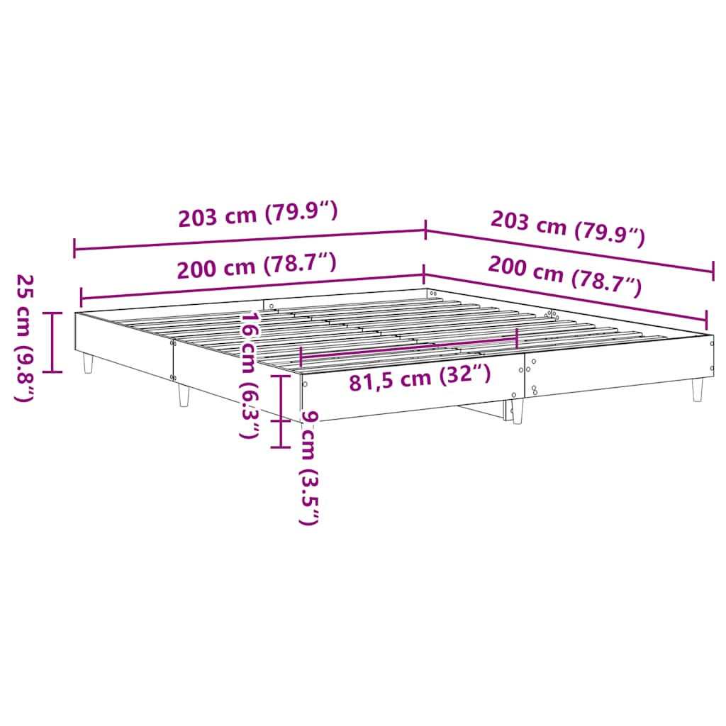 Sengeramme uten madrass svart 200x200 cm konstruert tre