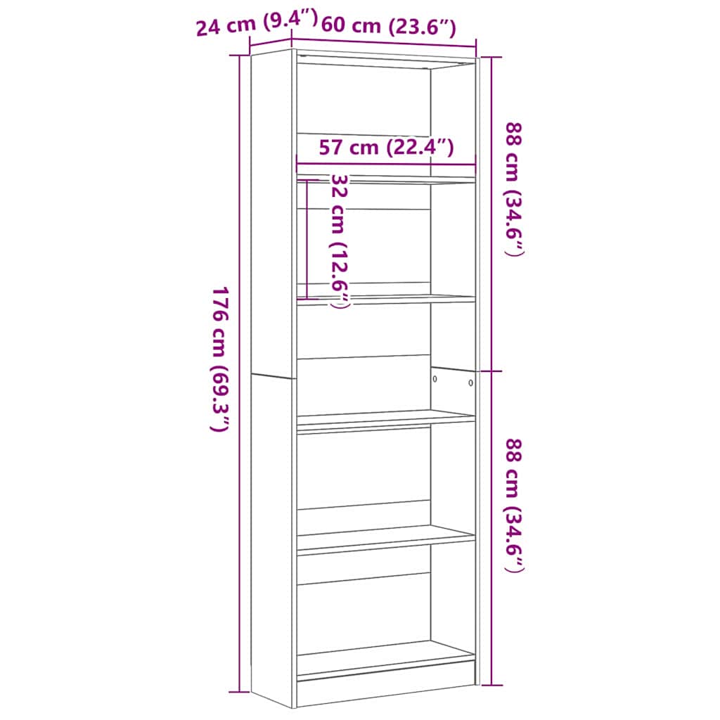 Bokhylle Svart Eik 60 x 24 x 176 cm Konstruert tre