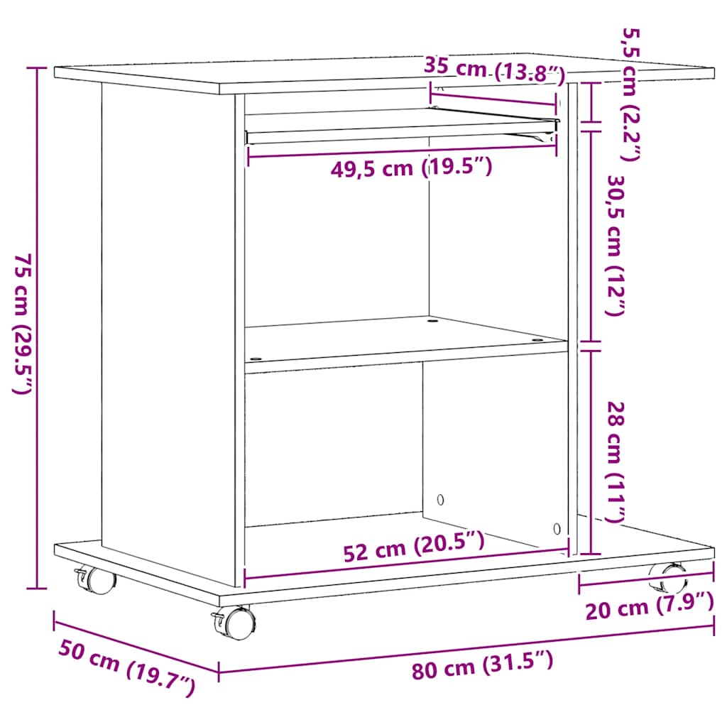 Databord svart eik 80x50x75 cm konstruert tre