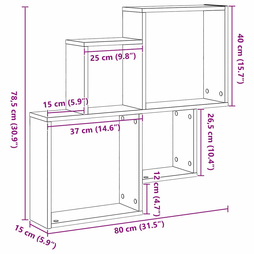 Vegghylle med hylle Svart Eik 80 x 15 x 78,5 cm Konstruert tre