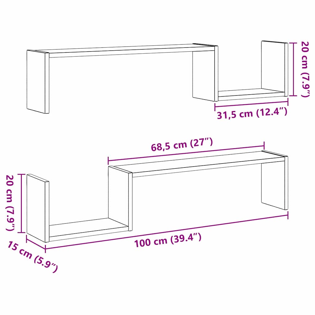Vegghylle 2 pcs Svart Eik 100 x 15 x 20 cm Konstruert tre
