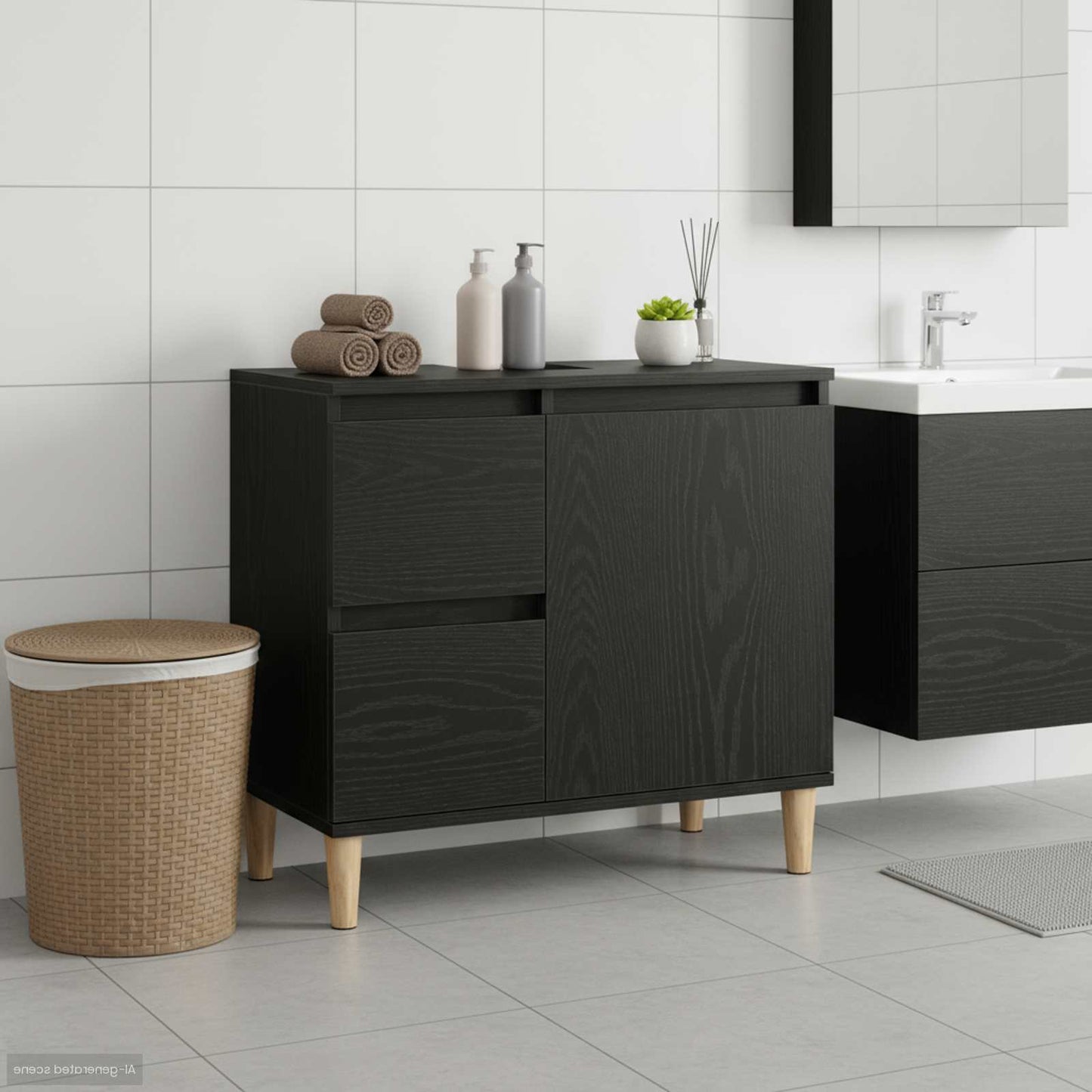 Baderomsskap med skuff Svart Eik 65 x 33 x 60 cm Konstruert tre