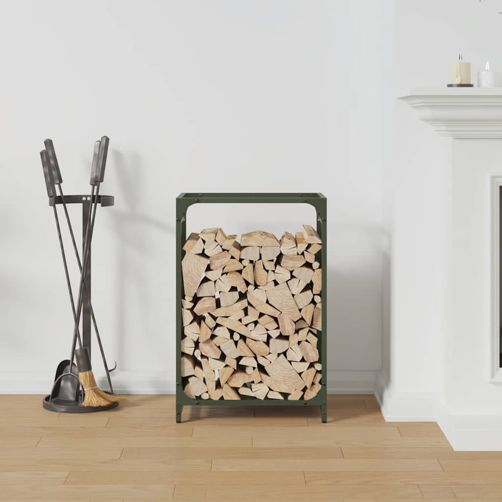 Vedstativ olivengrønn 44x28x65 cm kaldvalset stål