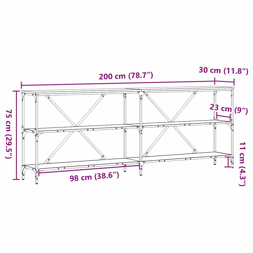 Konsollbord med hylle Svart Eik 200 x 30 x 75 cm Konstruert tre