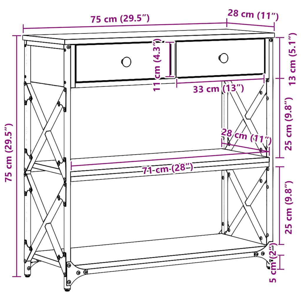 Konsollbord Gammelt tre 75 x 28 x 75 cm Ingeniørtre og metall