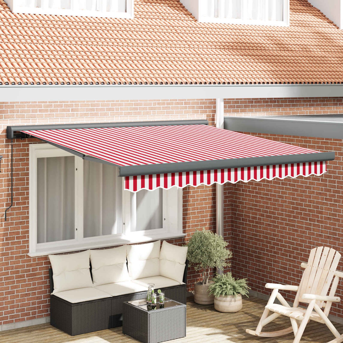 Uttrekkbar markise Rød og Hvit 350 x 250 cm Lær og aluminium