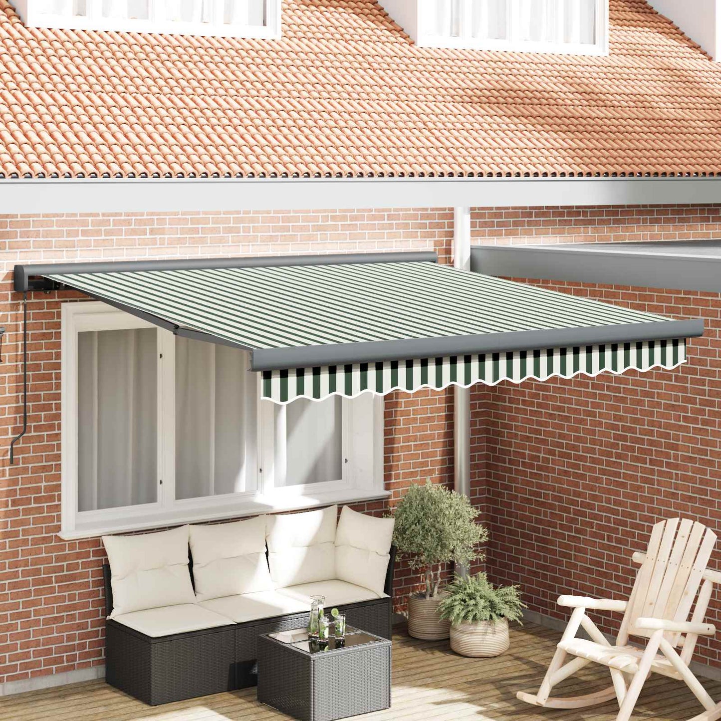 Uttrekkbar markise Grønn og hvit 350 x 250 cm Lær og aluminium