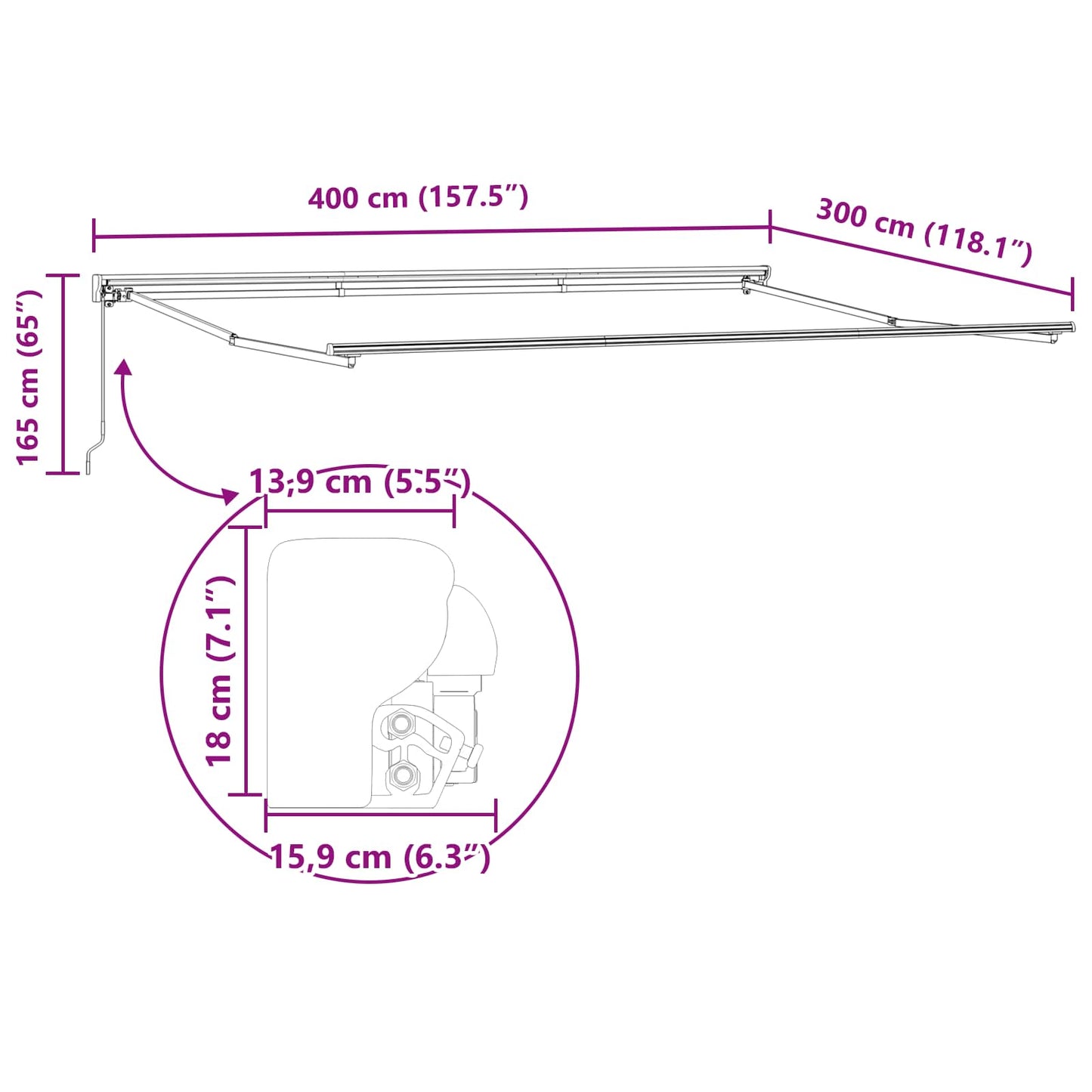Innvendbar Markise Antrasitt 400 × 300 cm Polyester og Metall vidaXL
