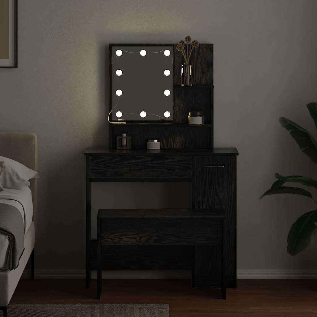 LED Sminkebordsett med speillys 2 pcs Svart Eik Konstruert tre