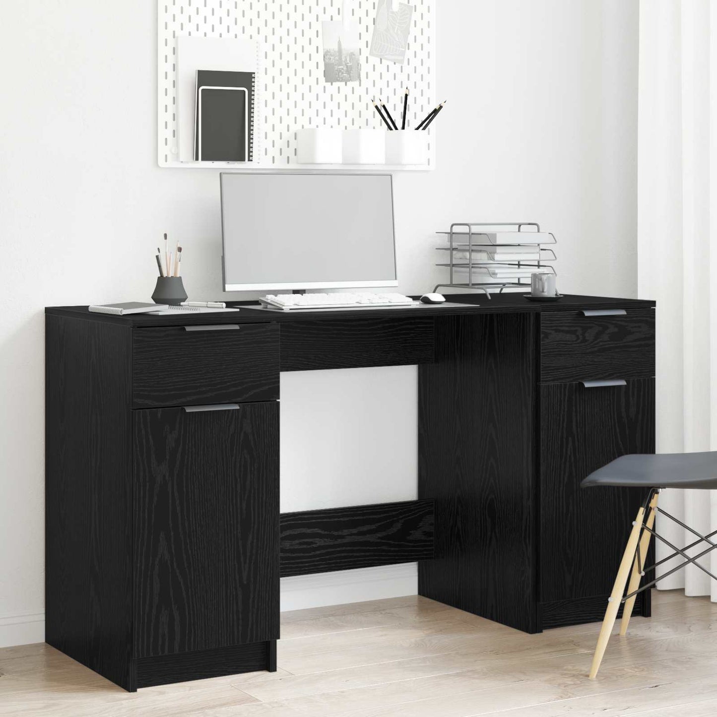 Skrivebord med skuff Svart Eik 133 x 50 x 75 cm Konstruert tre