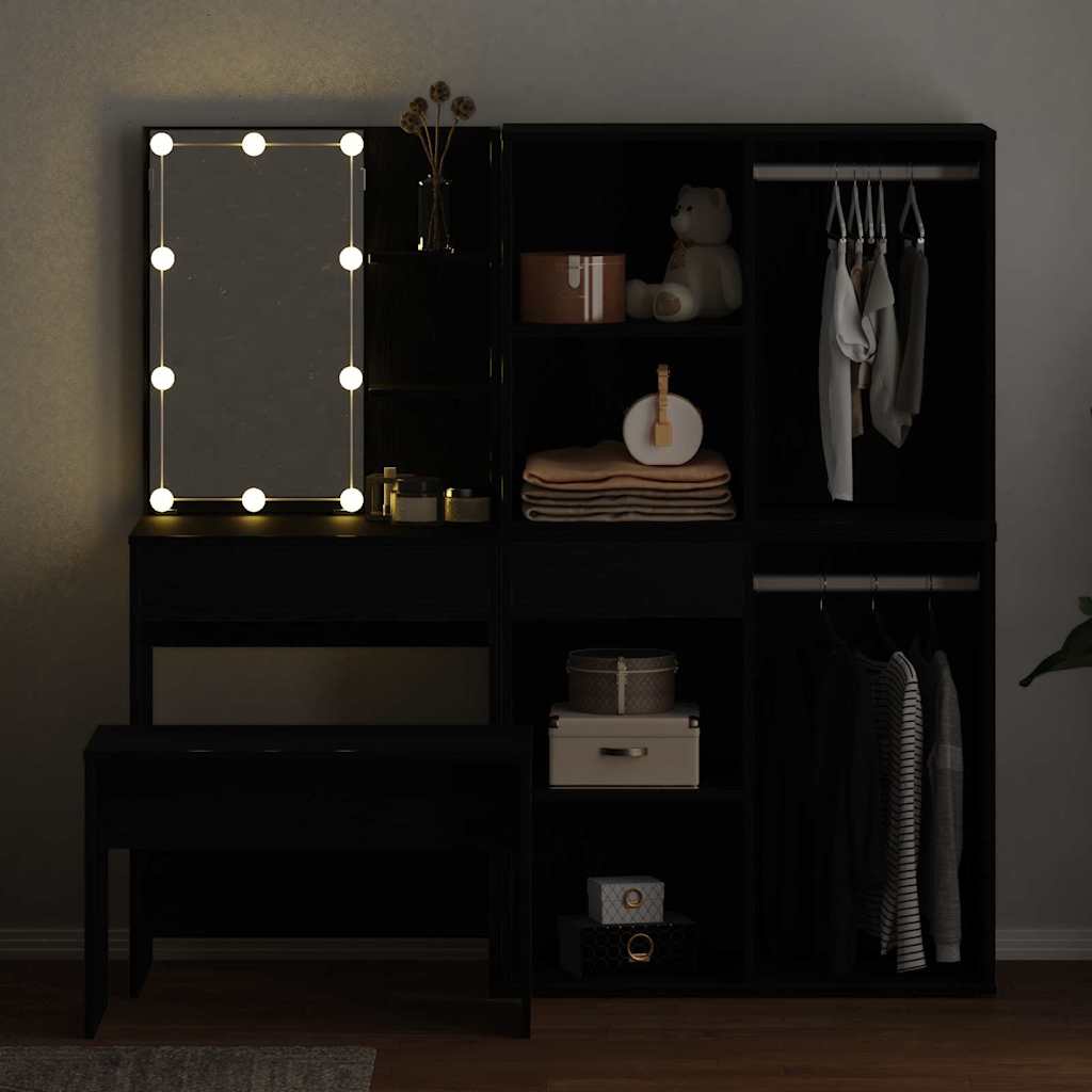 Dressingbordsett med LED 4 pcs Svart Eik Konstruert tre