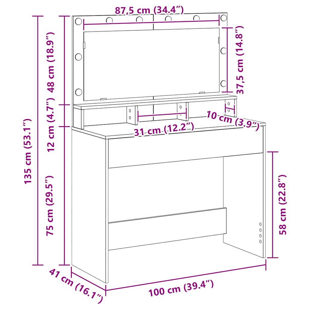 Sminkebord med speillys Hvit 100 x 41 x 135 cm Konstruert tre