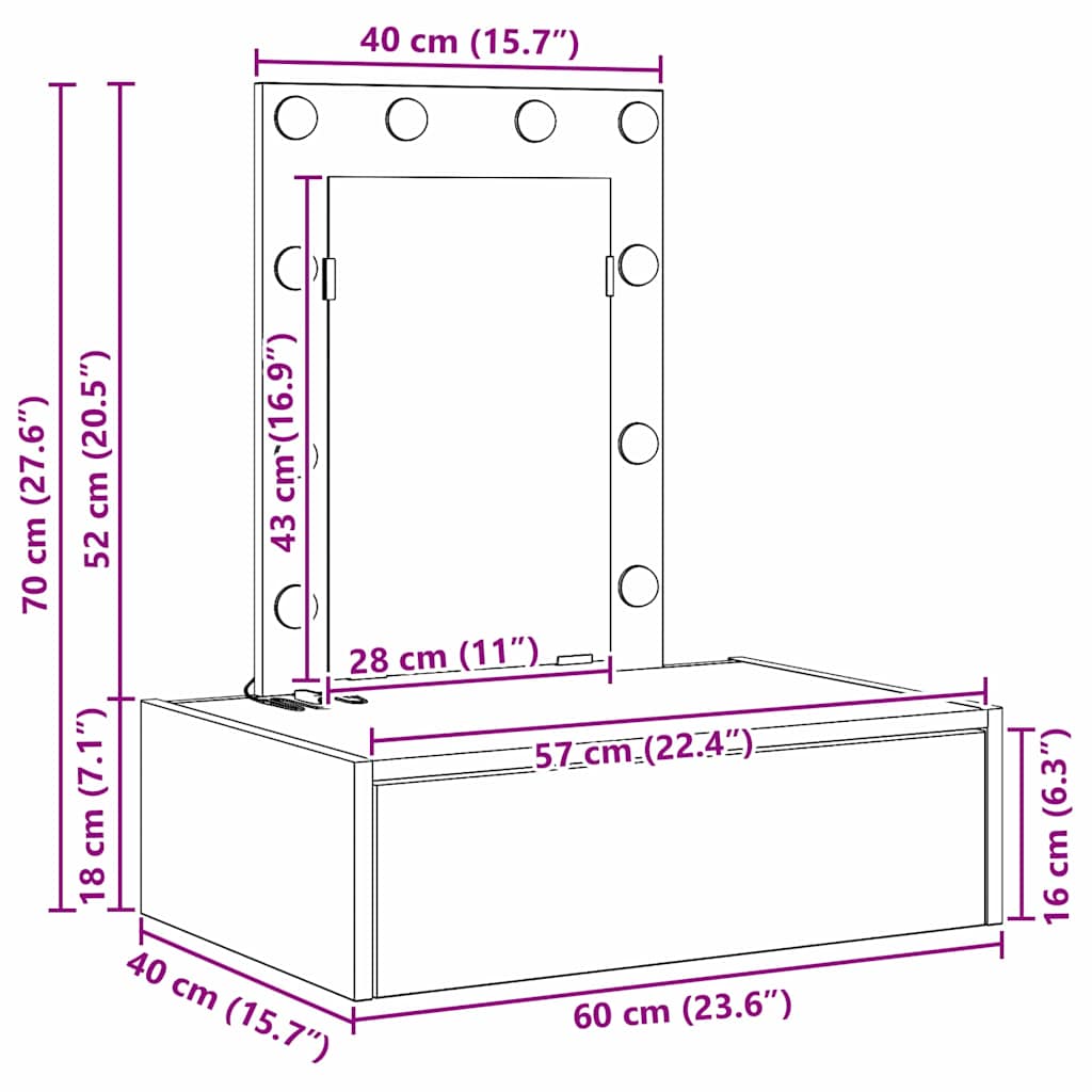 Sminkebord med speillys Svart 60 x 40 x 70 cm Konstruert tre