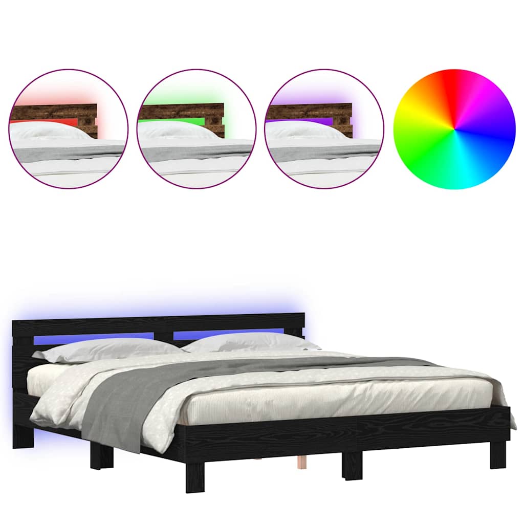 Sengestamme med LED Svart Eik 200 x 200 cm Konstruert tre