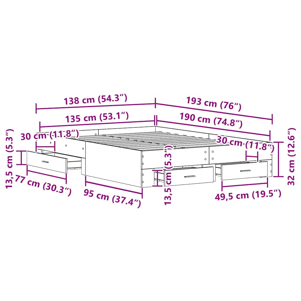 Sengestamme med skuff Gamle tre 135 x 190 cm Konstruert tre vidaXL