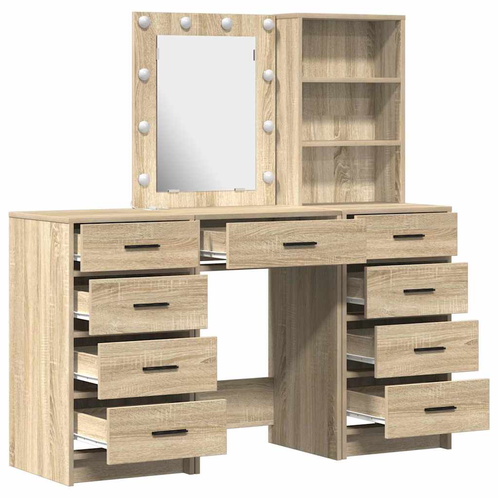 Sminkebord med speillys med skuff 3 pcs Brun Konstruert tre